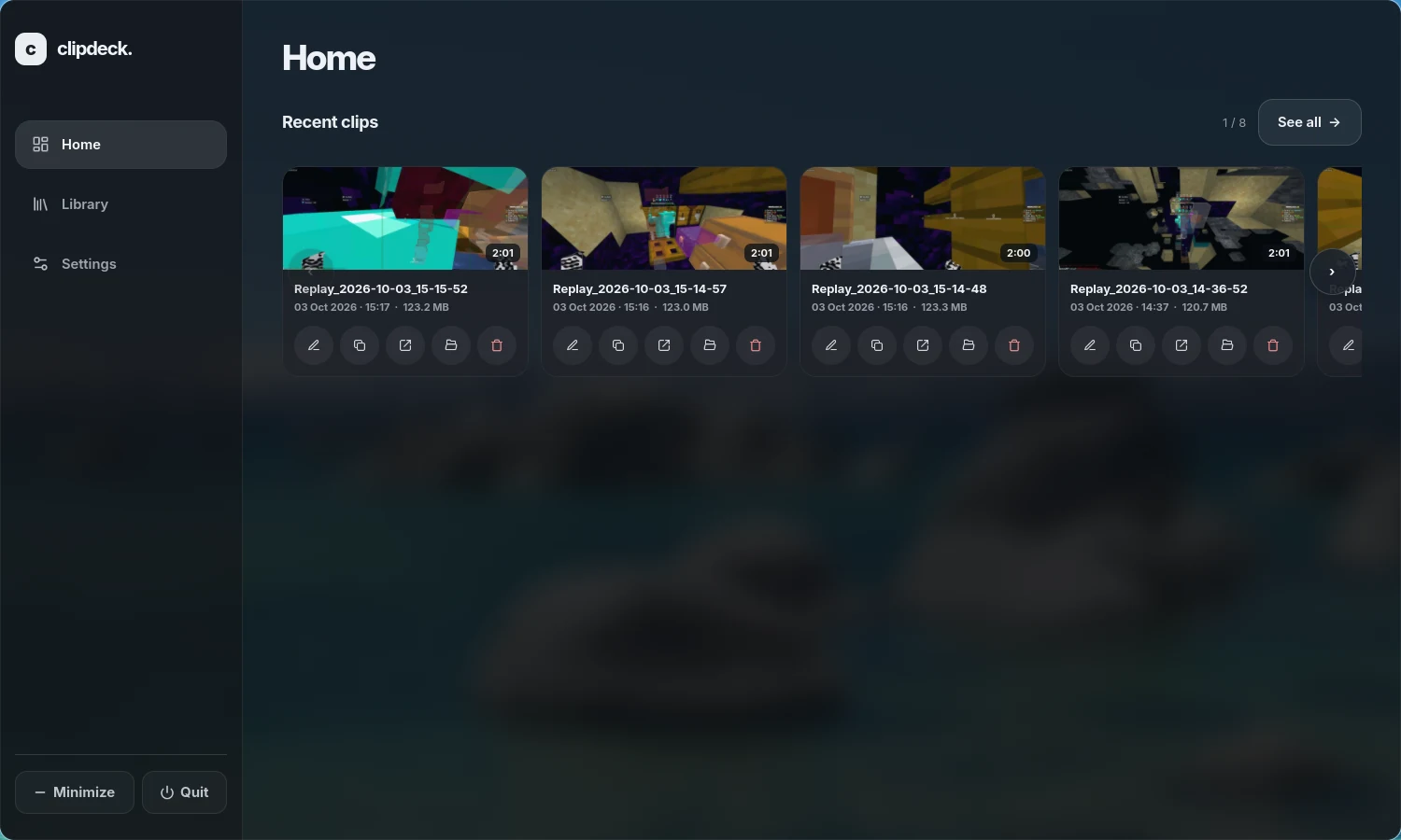 Clipdeck Home showing recent game clips in a dark glass interface